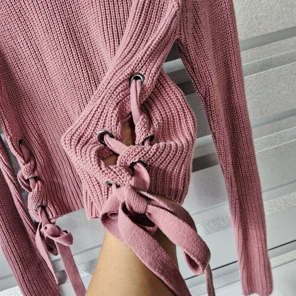 Moon & Madison Knit Sweater Lace-Up Long Sleeve Casual Mauve Size L - Picture 2 of 10